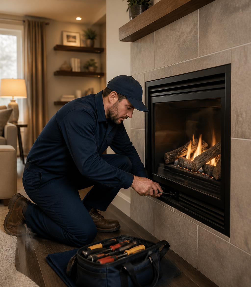 Technician repairing a gas fireplace